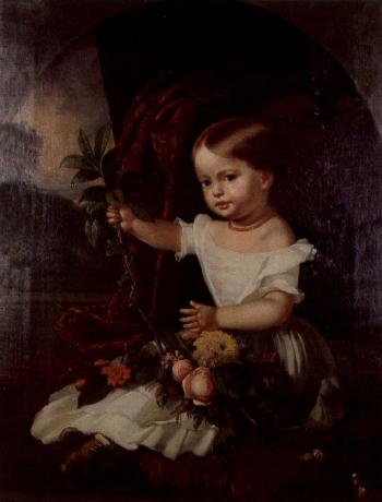 Portrait of a little girl sitting on a cushion with flowers in her lap by 
																	Louis Katzenstein