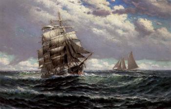 Square rigger on the open seas with another vessel in the distance by 
																	Theodor Victor Carl Valenkamph