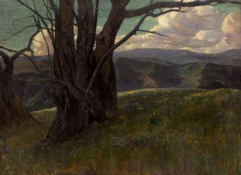 Trees on a ridge full of wildflowers by 
																	Maurice August del Mue