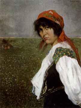 Portrait of a gypsy girl in front of a landscape by 
																	Franz Obermuller