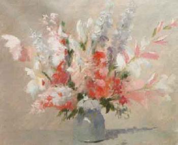 Cottage flowers in a vase by 
																	John Wynne-Morgan