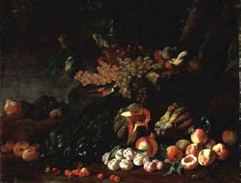 Still life of fruit with mushrooms, artichokes and relief by 
																	 Pseudo Fardella