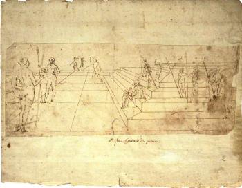 View of an open space, with flight of steps and figures by 
																	 Umbrian-Tuscan School