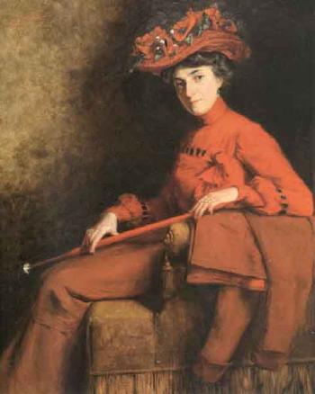 Portrait d'elegante en rouge by 
																	Louis Vandiervort