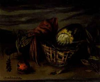 Still life with basket and bottle by 
																	Josep Vives Campoamor