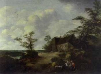 Figures gathered outside a cottage in an extensive landscape by 
																	Cornelis van Zwieten