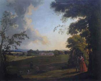 Elegant figures and huntsmen in parkland setting, large country house beyond by 
																	John Feary