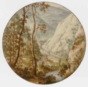 Wooded landscape seen from a cavern. Steep valley with watermill by 
																			Jan van Call