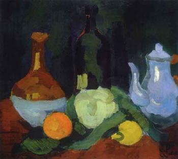 Still life with fruit, wine bottle and coffee pot by 
																	Jozsef Nemes-Lamperth