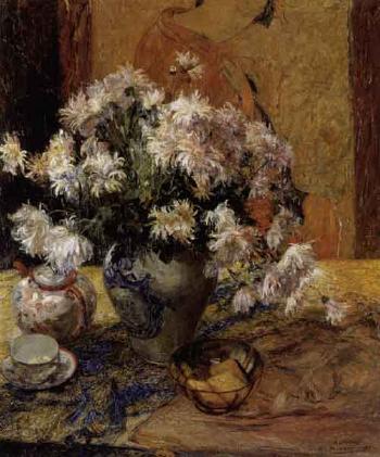 Still life with chrysanthemums and Japanese picture by 
																	Edmond de Maertelaere