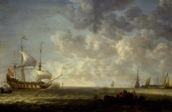 Coastal landscape with Dutch frigates and other vessels by 
																	Simon de Vlieger