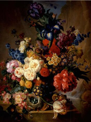Various flowers and moth in a vase with butterflies and bird's nest by 
																	Georgius Jacobus Johannes van Os