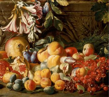 Various fruits and flowers on an acanthus stone relief by 
																			Abraham Brueghel