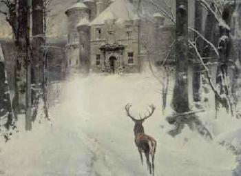 Deer in front of snow-covered hunting castle by 
																	Ludwig Fromme