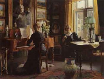 Interior scene with two women, one at the piano by 
																	August Haerning