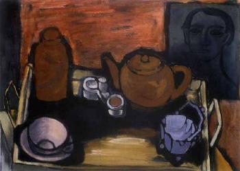 Still life with tea tray by 
																	Jeno Gadanyi