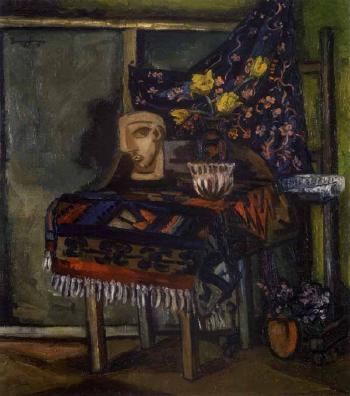 Still life with vase of flowers and model of a head by 
																	Magda Zemplenyi
