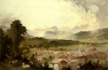 View of Bern with the Aare River and the Nydegg Bridge, and Alps beyond by 
																	James Astbury Hammersley