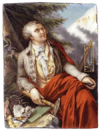Horace Benedict de Saussure, seated under a pine tree, with mountain beyond by 
																	Jean Jacques Ulrich Joseph Vaucher-Strubing