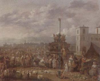 Vegetable vendors by a fountain on a market square by 
																	Francois Duchatel