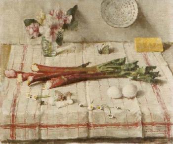 Voorjaar - A still life with rhubarb, eggs, flowers and a butterfly by 
																	Lucie van Dam van Isselt