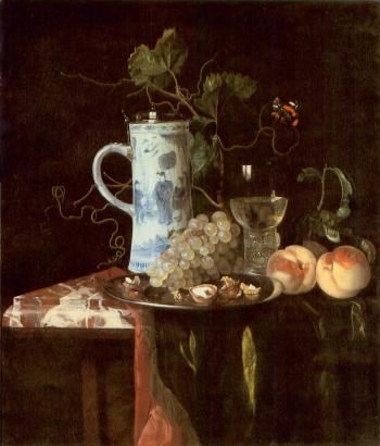 Chinese tankard, grapes, walnut, peaches and butterfly by 
																	Hendrik de Fromantiou