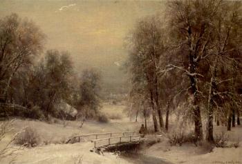 Winter landscape with a figure crossing a bridge by 
																	Ivan Veltz