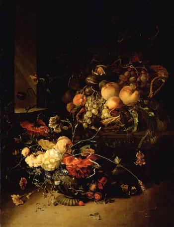 Still life of fruit by window with butterfly by 
																	Jacob van Walscapelle