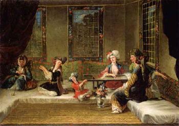 Armenian women embroidering in interior by 
																			Jan Baptiste Vanmour