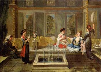 Armenian women embroidering in interior by 
																			Jan Baptiste Vanmour