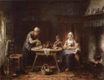 Friesian kitchen - family scene with children and cat by 
																	Jan Jac Matthys Damschroeder