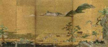 Drying fishing nets and scenes of farming by 
																			 Kano Sansetsu