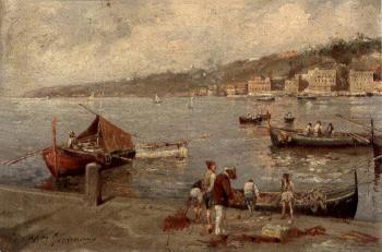 Neapolitan fisherfolk. Unloading the catch. Fisherfolk on Neapolitan quay by 
																			Giovanni Ciappi