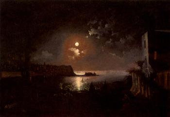 Figures before the bay of Naples under moonlight by 
																	P Rybinskii