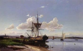 Frigate at anchor by coast in summer by 
																	Viggo Fauerholdt