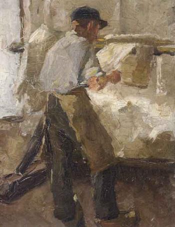 Young workman at stretching frame by 
																	Anton Gerhard Alexander van Rappard