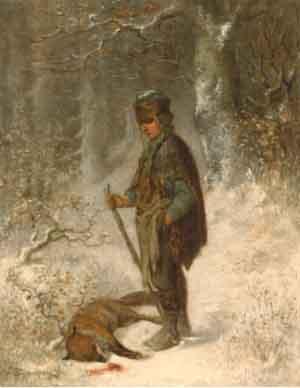 Boy and fox in a winter landscape by 
																	Wilhelm Friedenberg