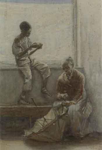 Interior scene of an African American boy and woman by 
																	Alfred Kappes