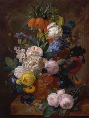 Still life of flowers on stone slab by 
																	Jean Francois Eliaerts