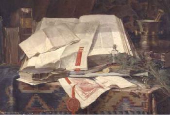 Vanite avec livres anciens et mortier sur une table by 
																	Ferdinand Adriaenssens