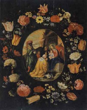 Adoration of the Kings surrounded by flower garland by 
																	Christiaan Luycks