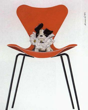 Toy dog on designer chair by 
																	Katja Mackens-Hassler