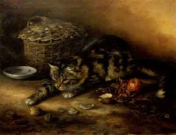 Watchful tabby cat surrounded by apples, walnuts and feather by 
																	Ada E Tucker