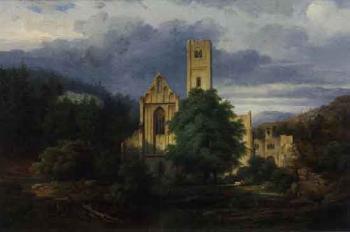 Medieval church ruins in wooded mountain landscape by 
																	Carl Wurbs