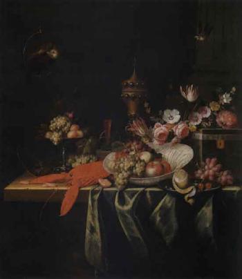 Still life with fruit, lobster and gilt pokal on a table by 
																	 Pseudo Simons