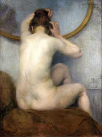 Nude dressing her hair by 
																			Gaston Vaudou