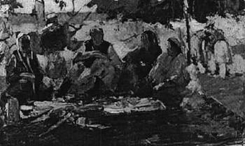 People eating outside on a rug by 
																	Dilyor Sidikovitch Imamovenkov