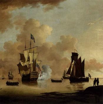 British man of war firing a salute, with a Dutch barge off the coast by 
																	Francis Swaine