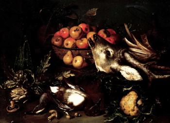 Still life with mushrooms, artichokes, apples and cabbage with dead game by 
																	 Pseudo Salini