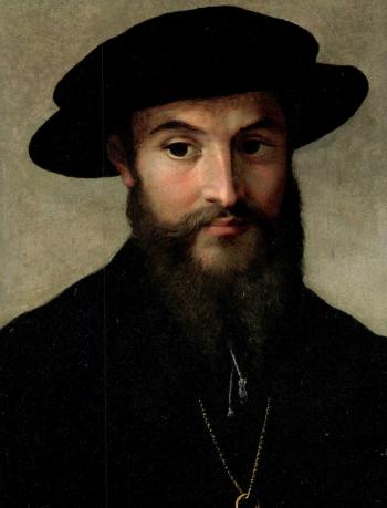 Portrait of bearded man in lack hat and gold chain by 
																	 Parmigianino